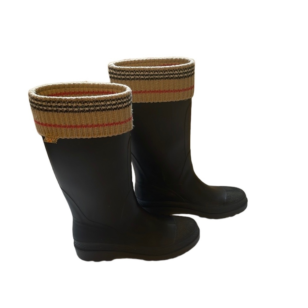 Burberry Black Rubber Knit Top Nova Check Rain Boot Women Sz 9 Made in ITALY